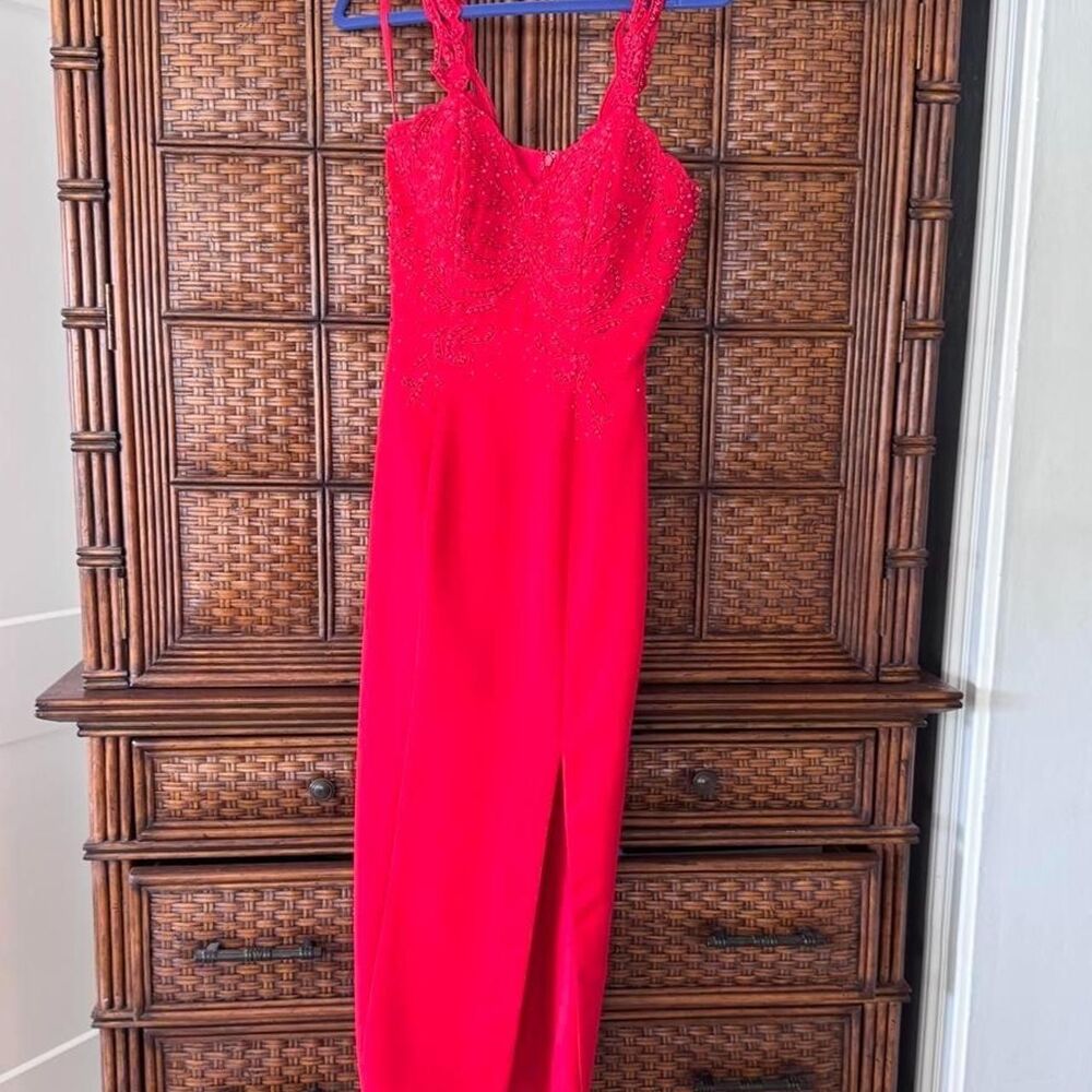 Women's Red maxi dress with beaded floral design, size 4